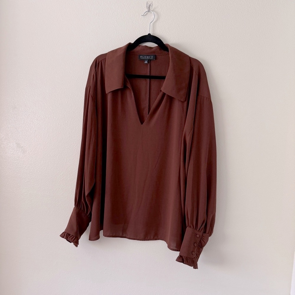 Eloquii Brown Long Sleeve Notched Collar Blouse